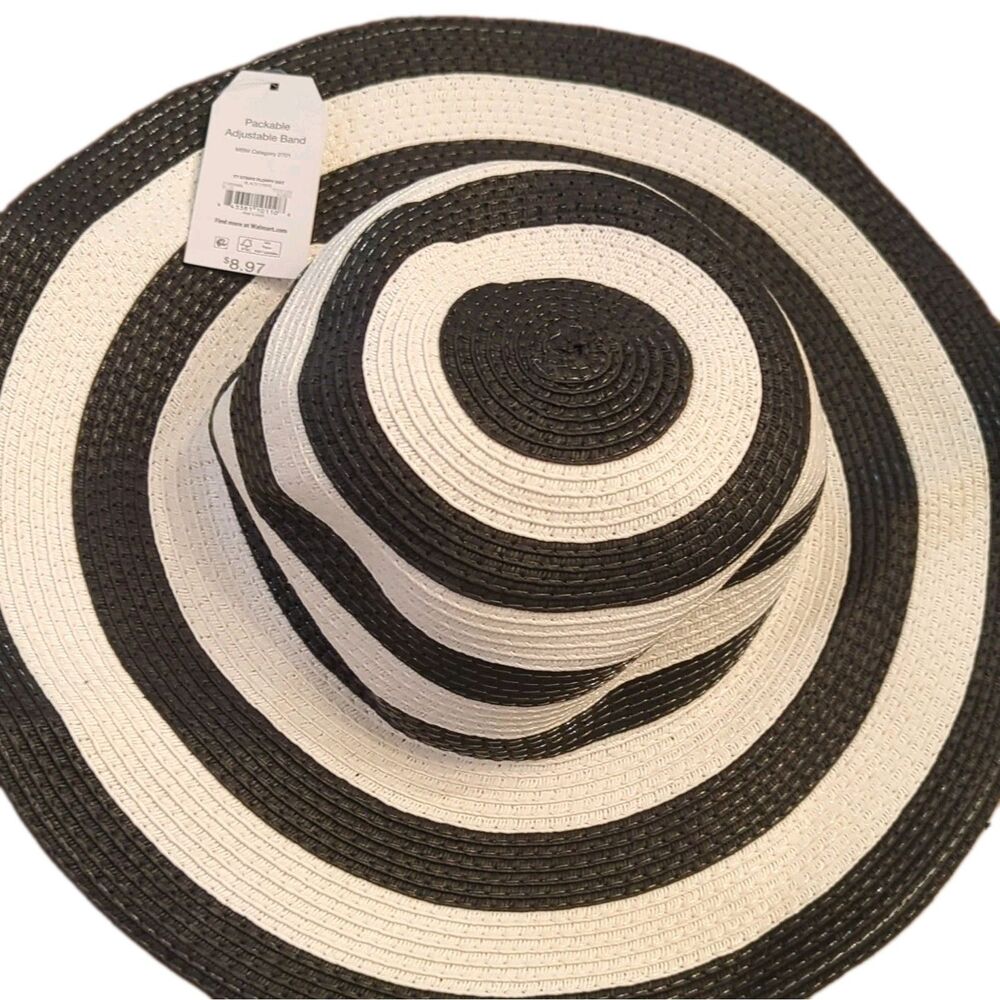 NWT Women’s Black & White Striped Straw Wide Brim Sun Hat, Packable, Adjustable